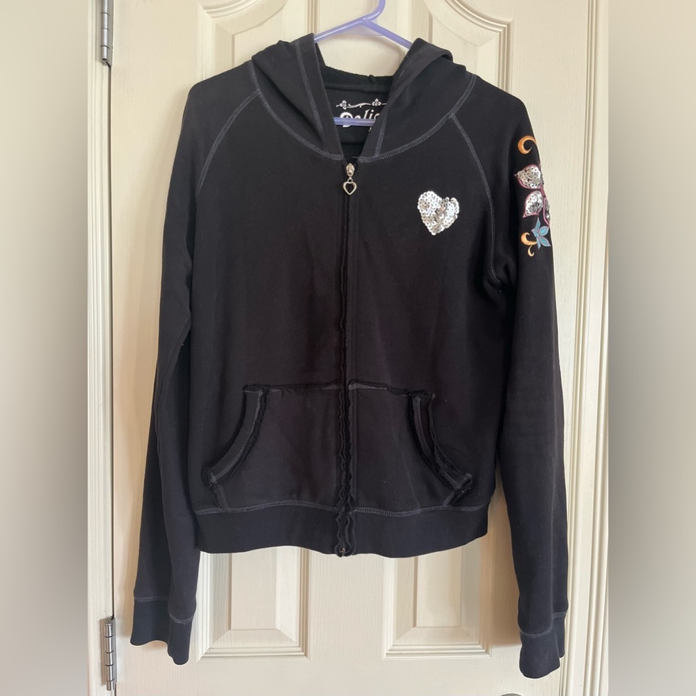 Delicious brand black zip up hoodie with sequin flowers. Size Medium.